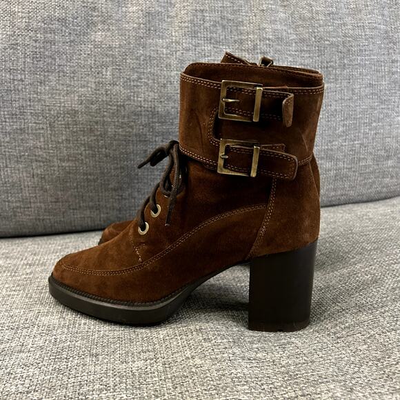 EUC Aquatalia Irene Brown Suede Boots Sz 8.5 Heeled Buckle Lace Up Ankle Booties - Picture 10 of 16